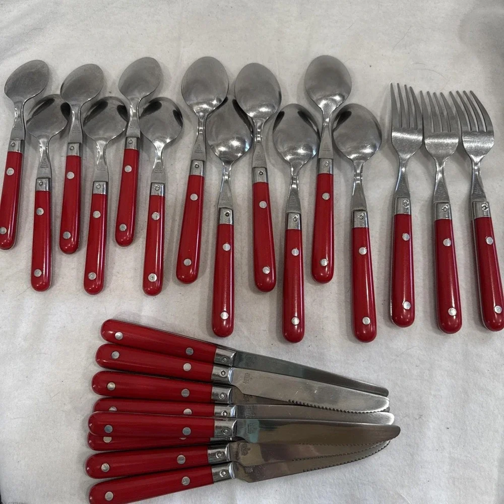 23 Lifetime Paris Splendour Stainless Flatware Spoon Fork Rivets Red Handle VTG